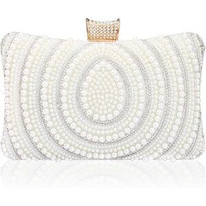 Versatile Pearl Beaded Clutch Bag with Golden Chains - Women’s Evening Accessory